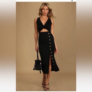 Black Ribbed Twist-Front Cutout Midi Dress